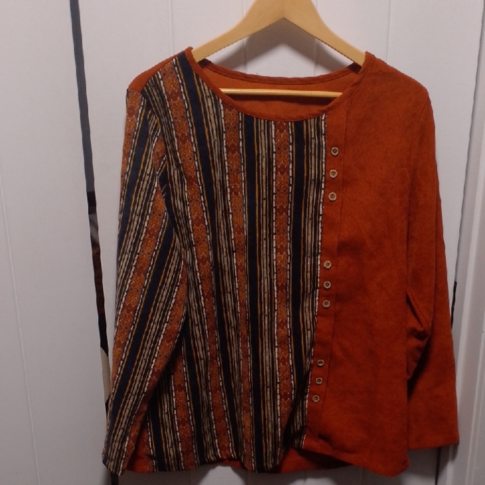 Fun Boho Corduroy Textured Long Sleeve Top Wooden Buttons Strips